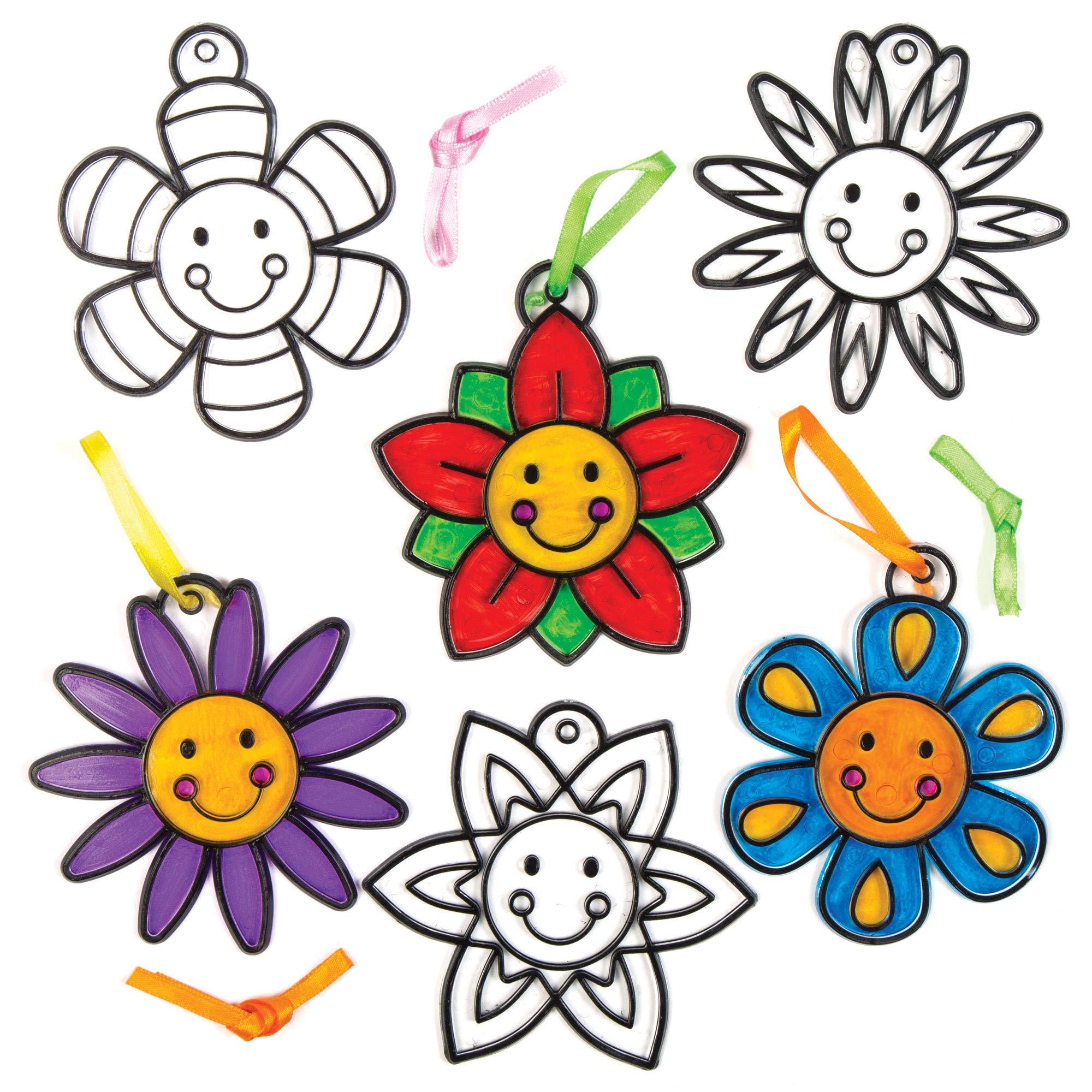 Baker Ross AC770 Smiley Flower Suncatcher Crafts for Kids, Hanging Window Decoration Kit for Children to Paint (Pack of 8), Assorted, 21 x 15 x 2.4 centimetres