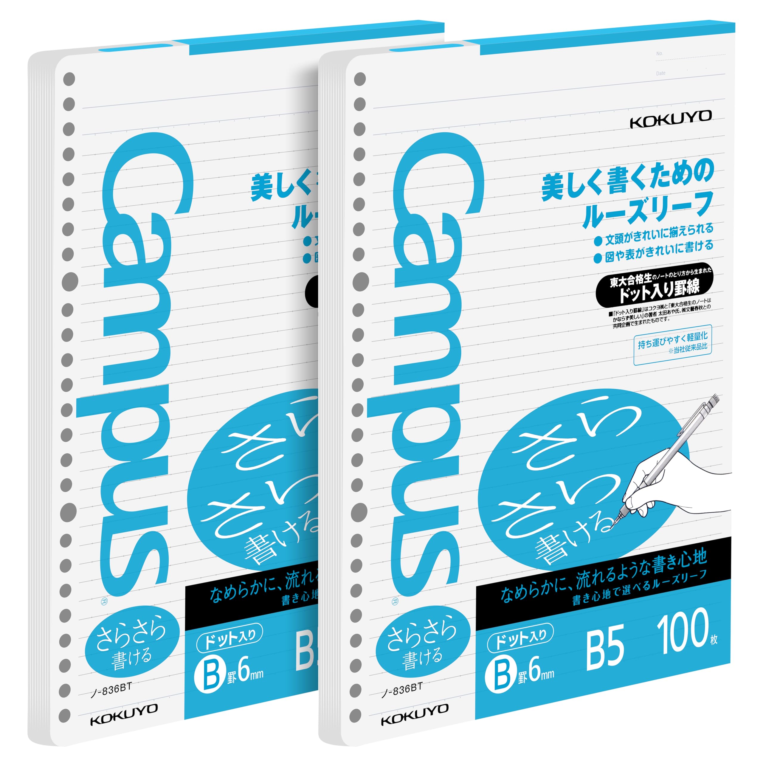 Kokuyo Sarasara B5 Loose Leaf Paper for Binders, 6mm Dotted Ruled, 26 Holes, 36 Lines, 100 Sheets, pH Neutral, Bleed Resistant, 75gsm, Pack of 2, Japan Import (NO-836BT)