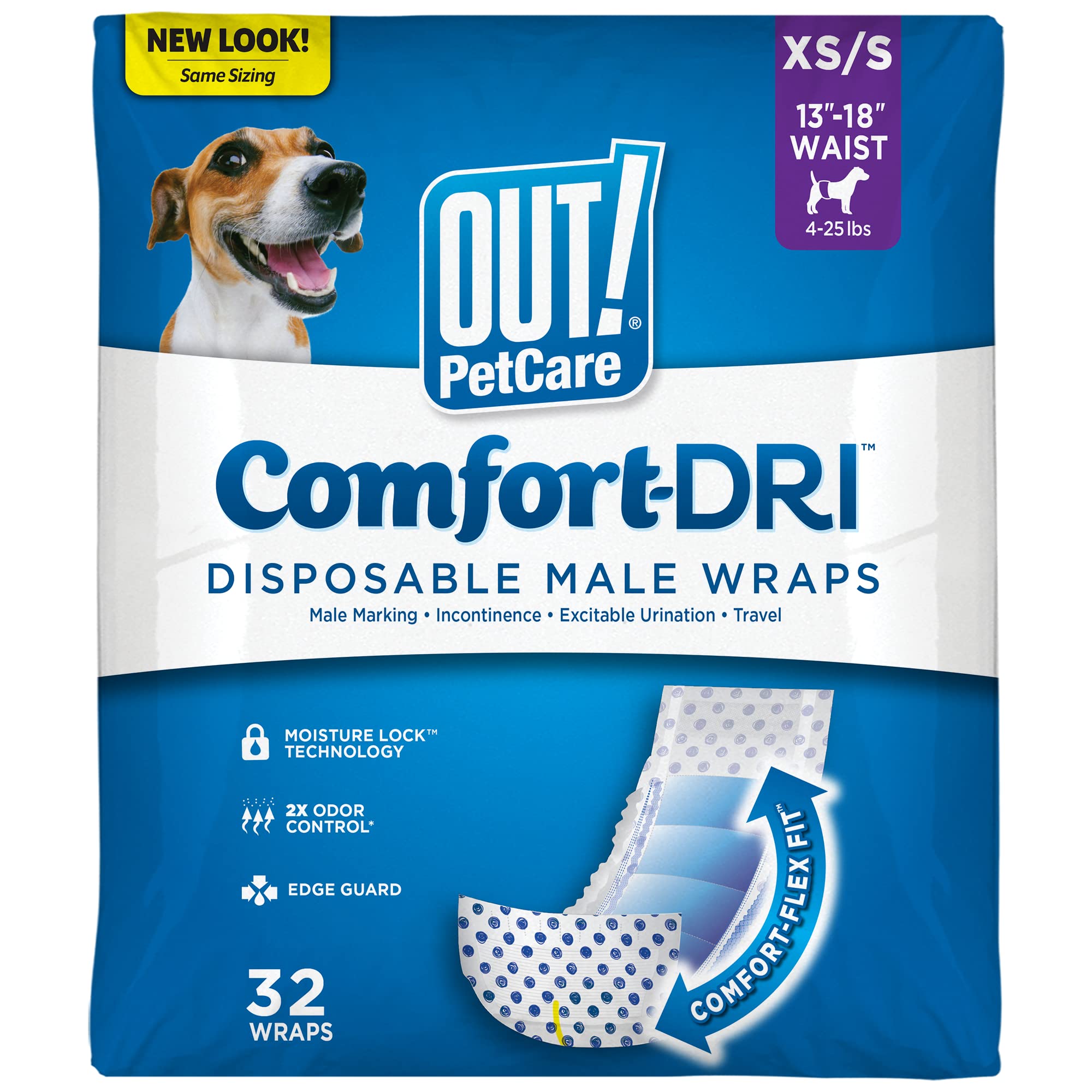 OUT! Pet Care Disposable Male Dog Diapers | Absorbent Male Wraps with Leak Proof Fit | Extra-Small/Small, 32 Count