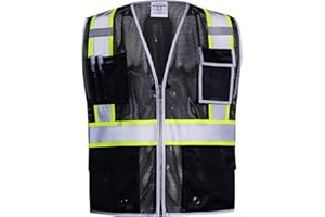 SKSAFETY 10 Pockets Safety Vest, Class 2 High Visibility Security with Zipper Double-sided mesh, Hi Vis Vest with Reflective Strips, ANSI/ISEA Standard, Construction Work Vest （Black, L）
