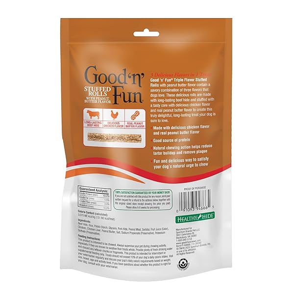 GOOD ‘N’ FUN TRIPLE FLAVOR STUFFED ROLLS WITH PEANUT BUTTER FLAVOR, 8 OUNCE, TREAT YOUR DOG TO LONG-LASTING RAWHIDE CHEWS