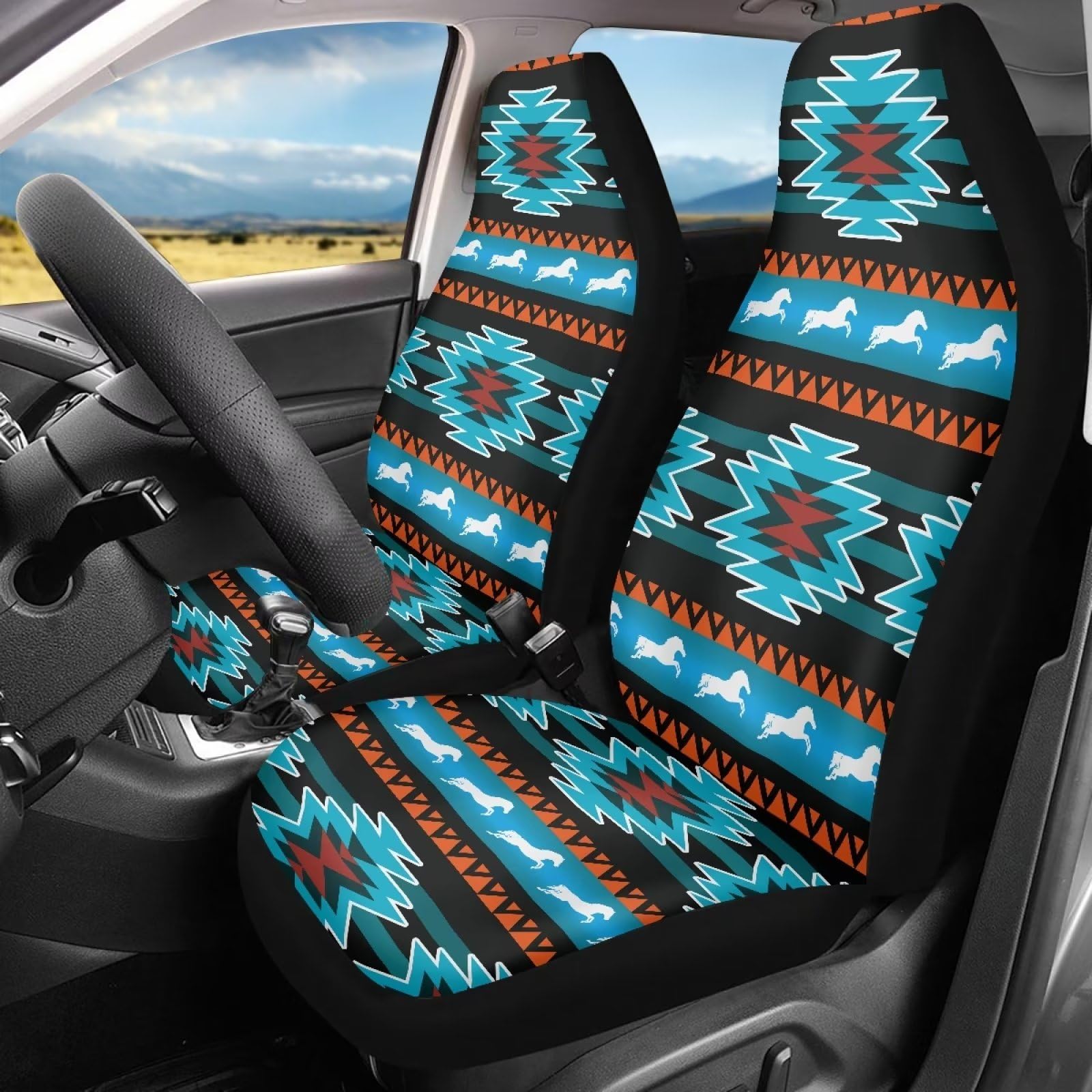 Photo 1 of Salabomia Aztec Western Car Seat Cover, Southwest Horse High Back Stretchy Car Seat Protector Cover for Women, Comfortable 2 Piece Car Seat Covers Universal Fit for Most Cars, Blue