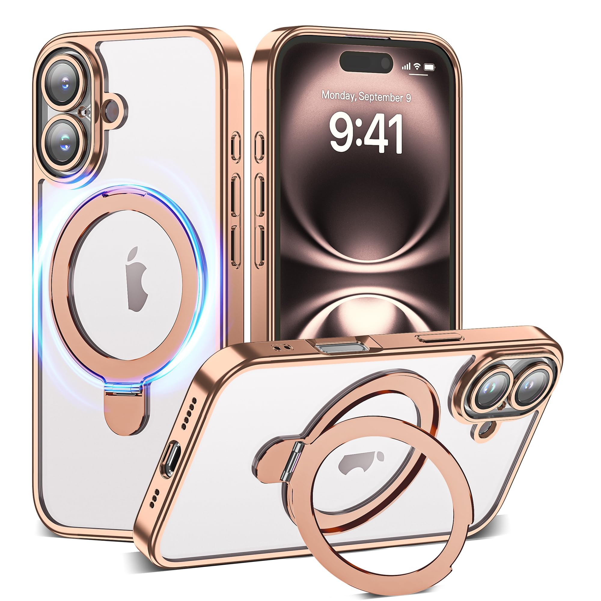 Photo 1 of YEMORAN Compatible with Clear iPhone 15 Case with Magnetic Stand [Compatible with Mag-Safe][Full Camera Len Protectors] Shockproof Plating Phone Case for iPhone 15 6.1’’,Desert Gold