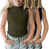 LessonZoo 3 Pack Girls Mock Neck Tank Tops Ribbed Turtleneck Slim Fit Lettuce Trim Tops Casual Sleeveless Basic Undershirts