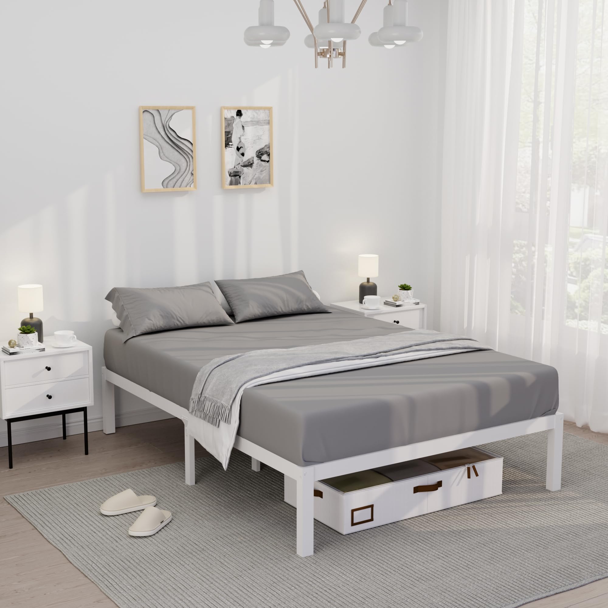 Photo 1 of 14 Inch Bamboo Bed Frame – Solid Wood Platform Bed Frame, Strong and Stable, with Non-Slip Slats for Support, No Box Spring Needed, Easy to Assemble, Noise-Free (White, Full)