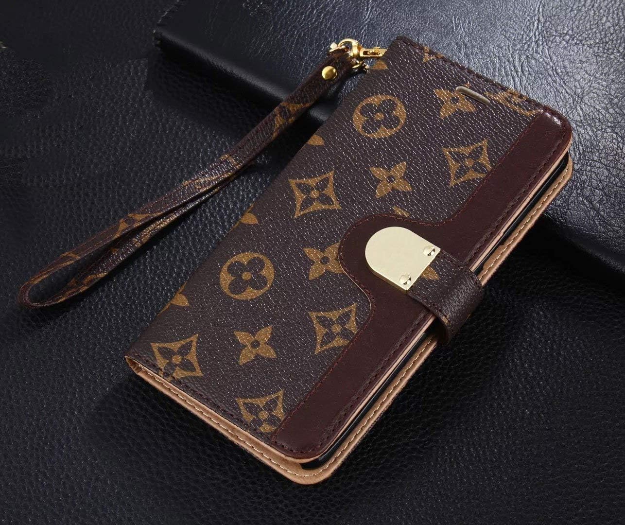 Luxury Elegant Bifold Magnetic Leather Clip Pocket Women Men Girls Boys Flip Wallet case for Apple iPhone 7 Plus and iPhone 8 Plus (Big Floral Monogram) (Brown1)