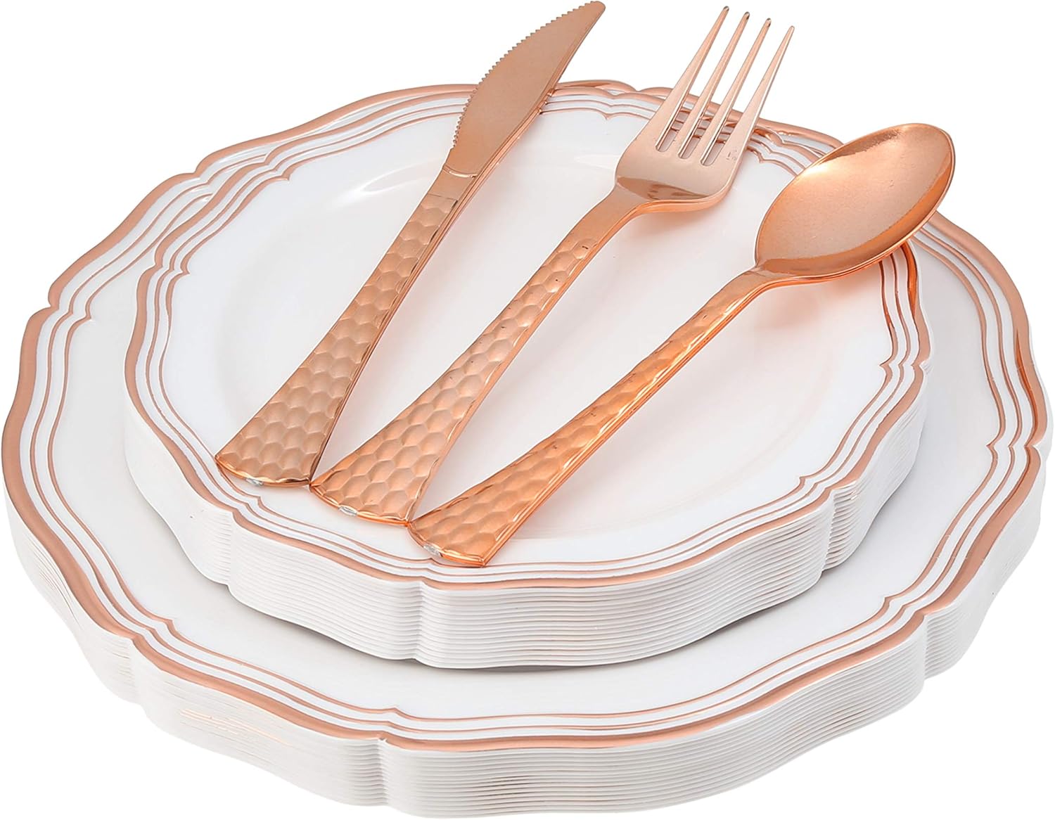 Rose Gold Plates and Plastic Silverware Party Plates 100 Piece White, Rose Gold Rim Dinnerware Set | Service for 20 Includes 20 Dinner & Salad Plates, 20 Forks, Spoons, Knives - Posh Setting