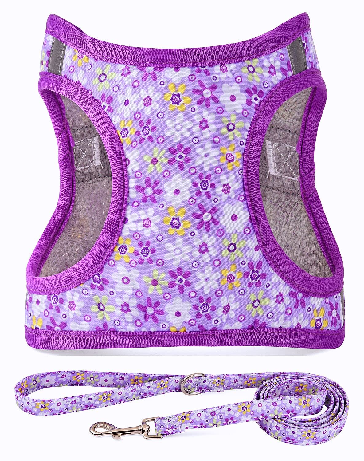 Moonpet Step in Air Dog Harness Leash Set- All Weather Reflective No-Pull Floral Pattern Padded Mesh Vest Harness for Cats Puppy Extra-Small Small Medium Large Dogs - Purple Flower XL