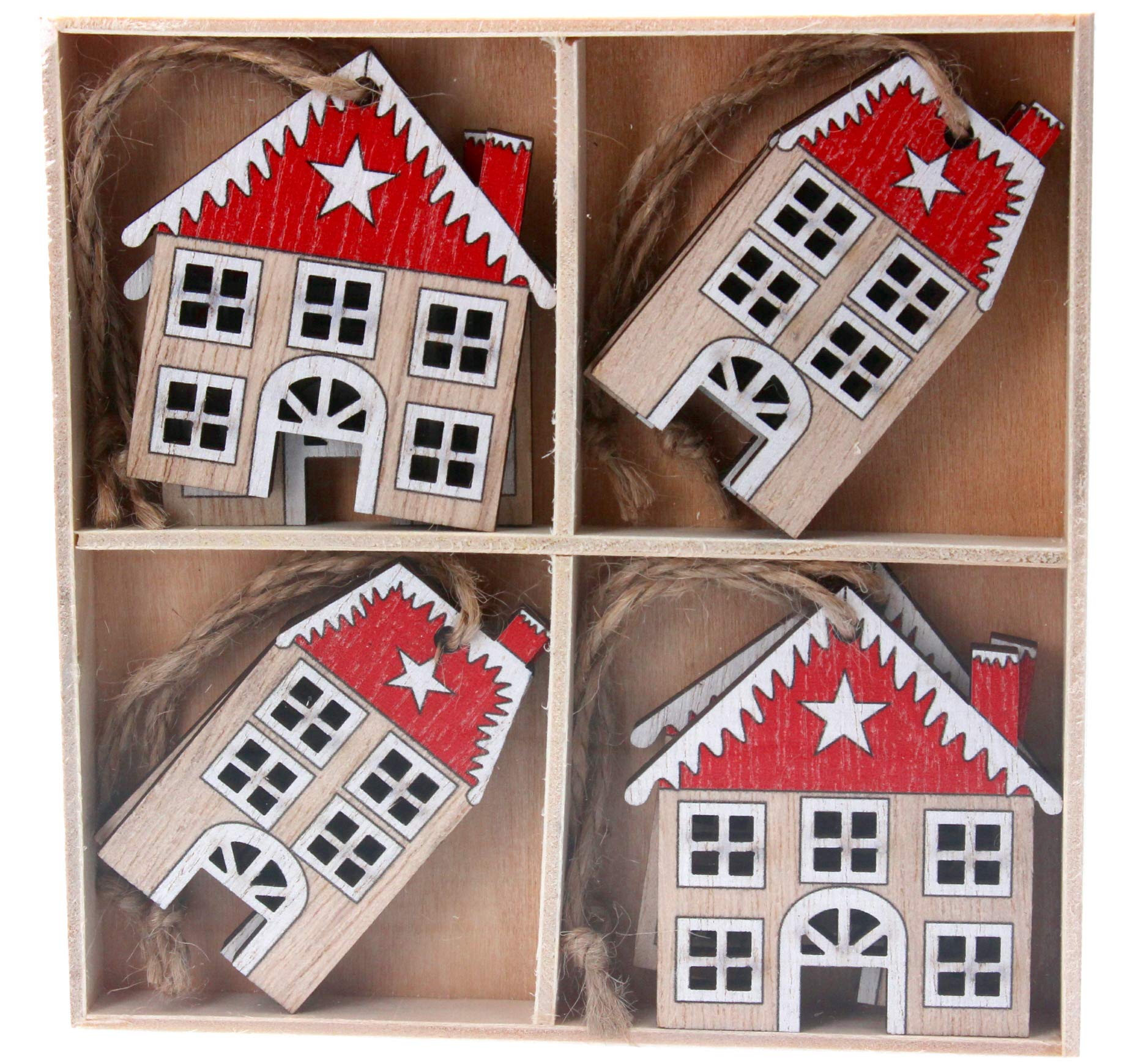 Gisela Graham Box/8 Wood Christmas Decorations 6cm - Natural/Red House