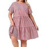 Agnes Orinda Plus Size Gingham Dresses 1950s Vintage Plaid Round Neck Short Sleeve Tiered Midi Summer Dress