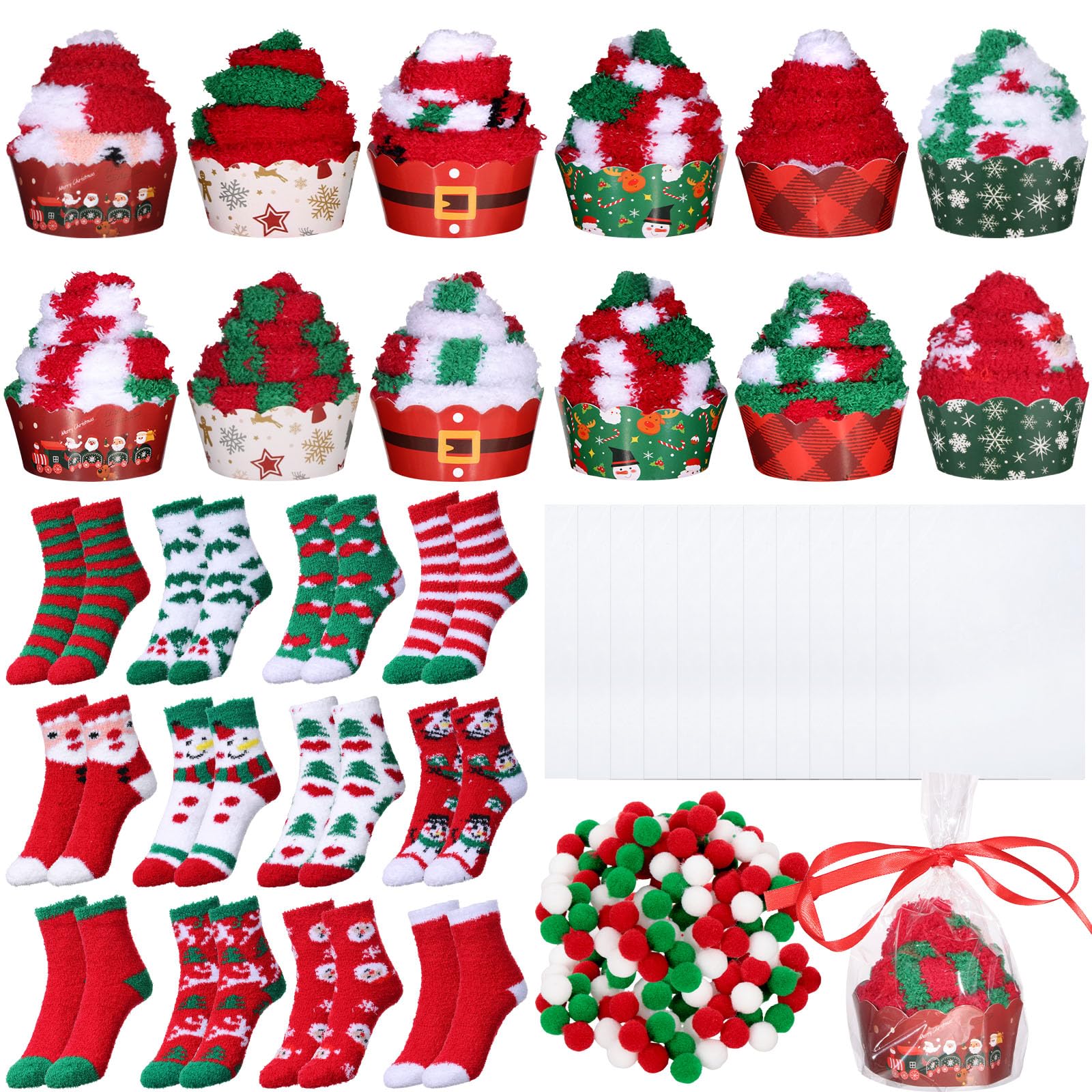 Photo 1 of 12 Pairs Christmas Cupcake Fuzzy Socks, DIY Present Slipper Socks, Winter Warm Soft Plush for Birthday Gifts, On Holidays, Celebrate Christmas, Give to Relatives, Friends, Family