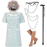 EBYTOP Women's Old Lady Costume Kit with Nightgown Wig Cane & Other Halloween Cosplay Accessories