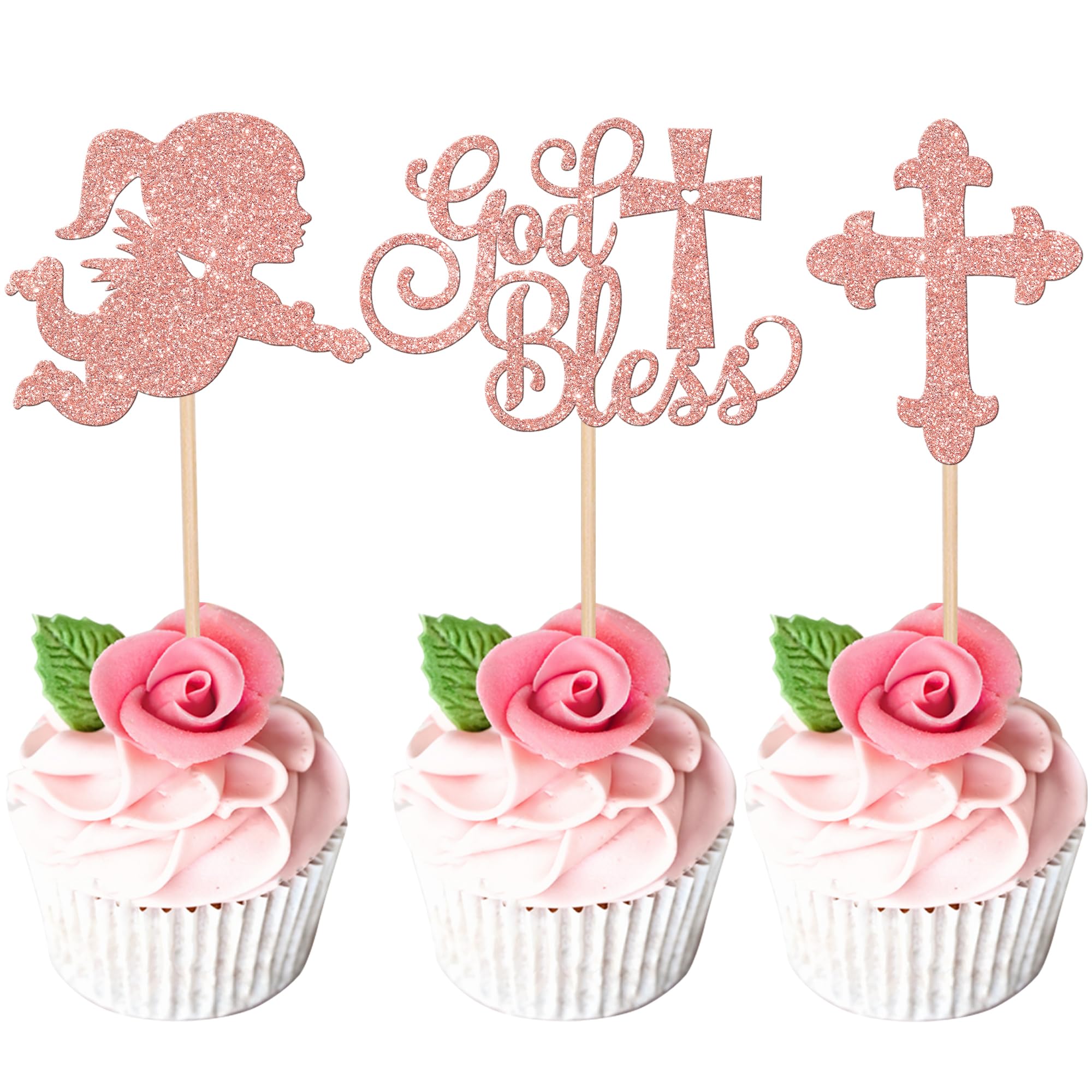 Xsstarmi 24 Pack God Bless Cupcake Toppers Glitter Christian Girls Baptism Cross Cupcake Picks Decoration for First Communion Theme Baby Shower Birhday Party Cake Decor Rose Gold