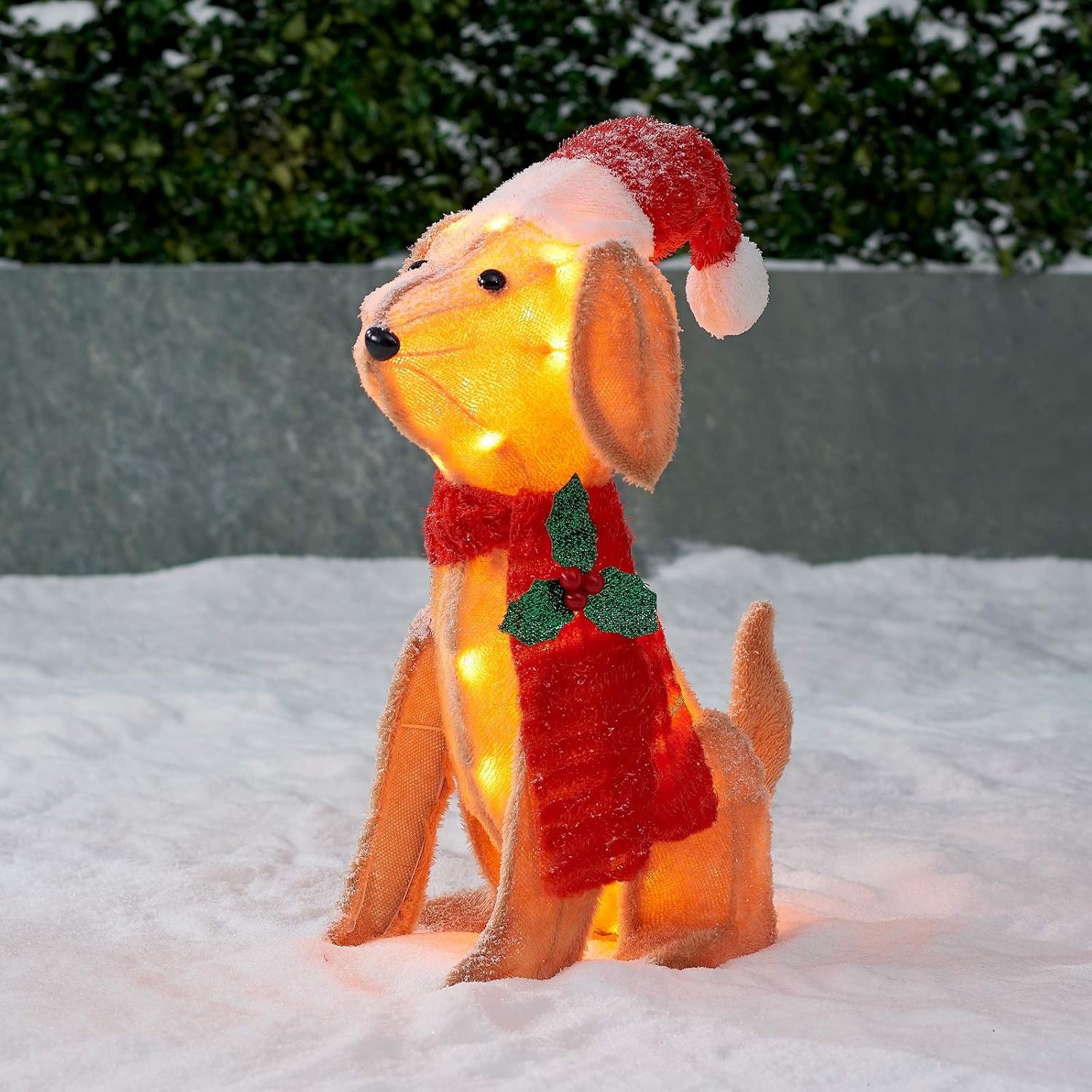 Holiday Christmas Pre lit Plush Pup Puppy Dog Santa Hat Mistletoe Scarf