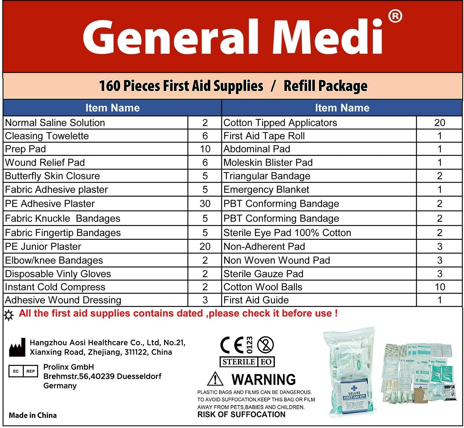 160 Piece First Aid Kit Bag Refill Kit - Includes Eyewash, Instant Cold Pack, Bandages,Emergency Blanket, Moleskin Pad,Gauze - Extra Replacement Medical Supplies for First Aid: Health & Personal Care