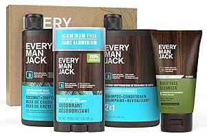 Every Man Jack Men's Bath and Body Gift Set - Coconut + Driftwood Scent - Clean Ingredients - Includes Hydrating Body Wash, 2-in-1 Shampoo, Aluminum-free Deodorant & Face Wash