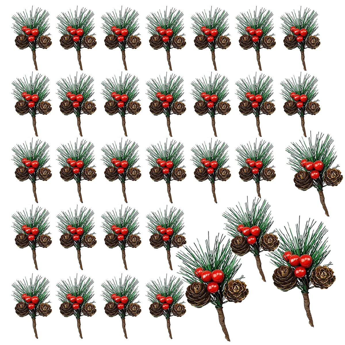 32 Pack Christmas Artificial Red Berry,WideSmart Pine Tree Pine Picks Christmas Artificial Pine Needles Red Berries Pine Cones Branches Holly Pine Wreaths Christmas Crafts Party Festive Home Decor