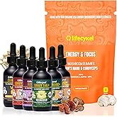 Life Cykel Premium Mushroom Extract Liquid Bundle – Lion’s Mane, Cordyceps, Reishi, Chaga, Turkey Tail & Shiitake (1oz Each) with Included Energy Gummies (10-Count), for Vitality & Mental Clarity