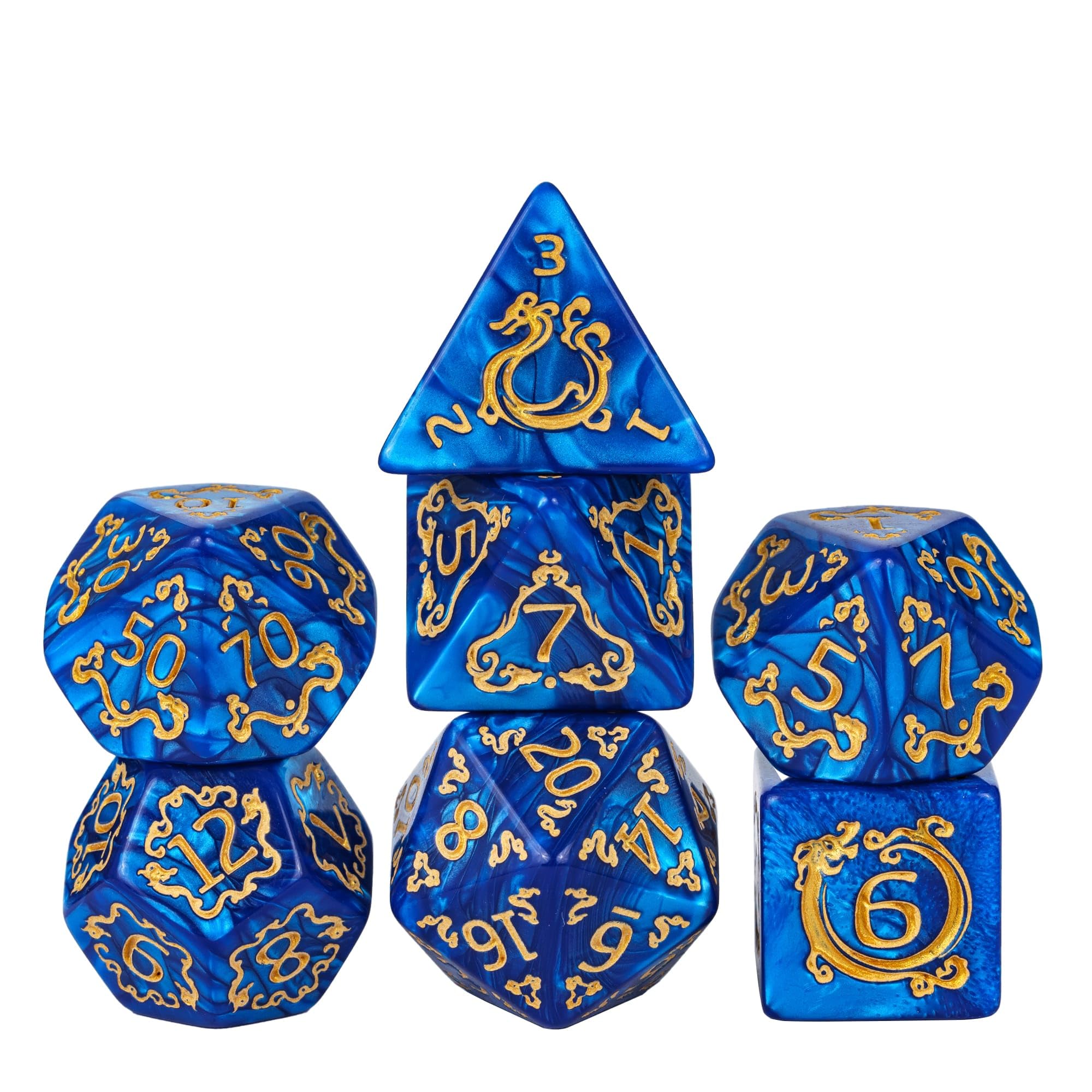 cusdie 7Pcs/Set Dragon Pattern DND Dice Set D&D Polyhedral Dice for Dungeons and Dragons Role Playing Dice Games RPGs(Dragon Pattern-Blue) — image 1
