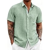 Runcati Mens Linen Button Down Shirts Casual Short Sleeve Shirt Summer Beach Wedding Tops with Pocket