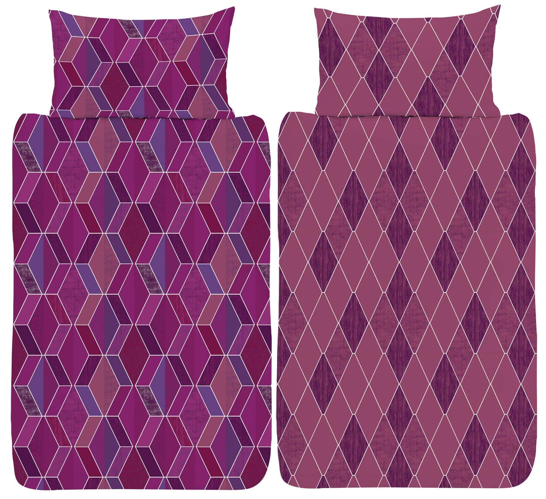 K Collection Geo Diamonds - Single/Double/King Duvet Cover Reversible Bedding Set - Polycotton - Berry, Navy, Mustard Grey