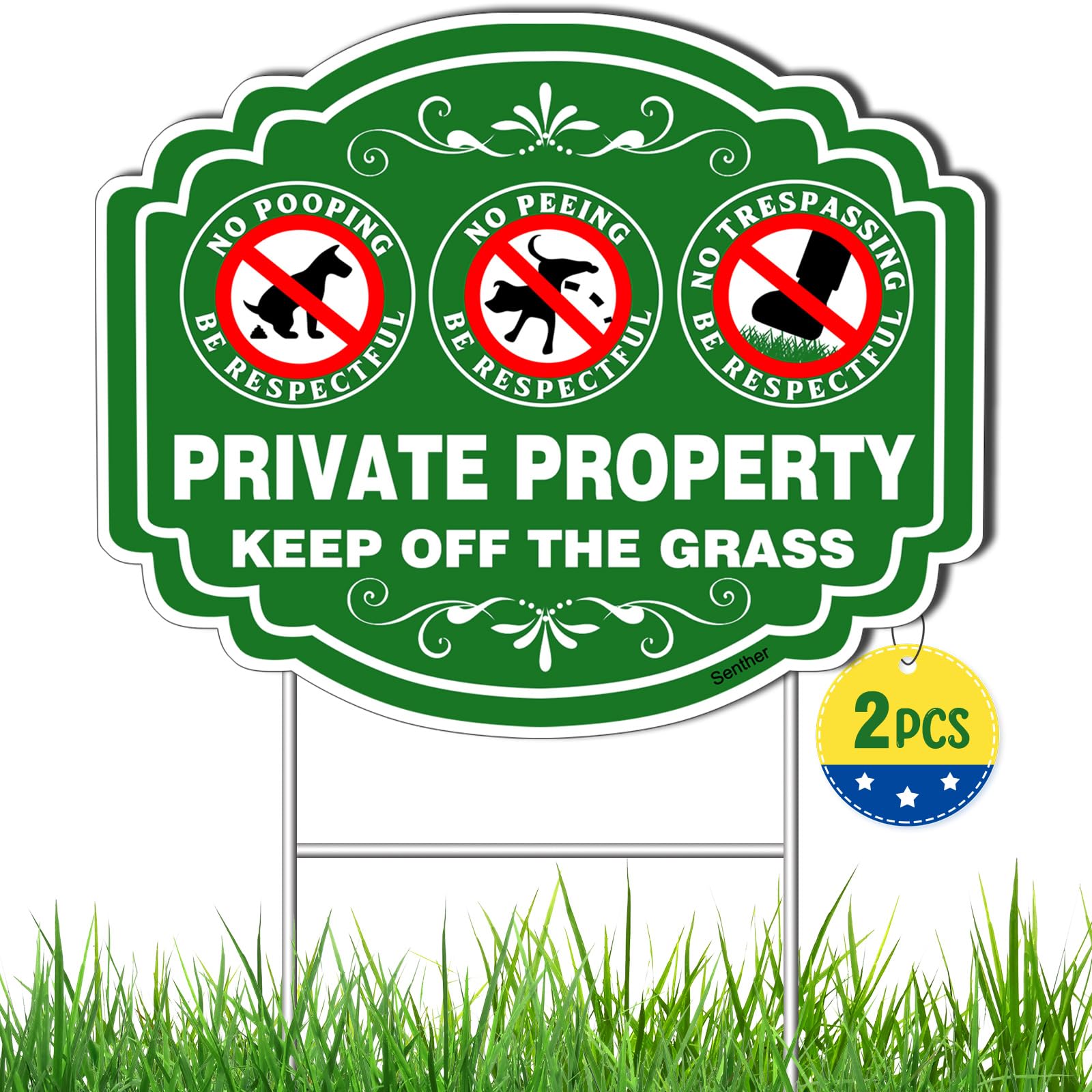 Photo 1 of 2 PC No Dog Poop Sign - 14‘’×11‘’ Double Sided Yard Signs with Metal H-Stake | No Pooping Dog Signs For Lawn | Be Respectful Keep Off The Grass Yard Signs UV Protected & Outdoor Use