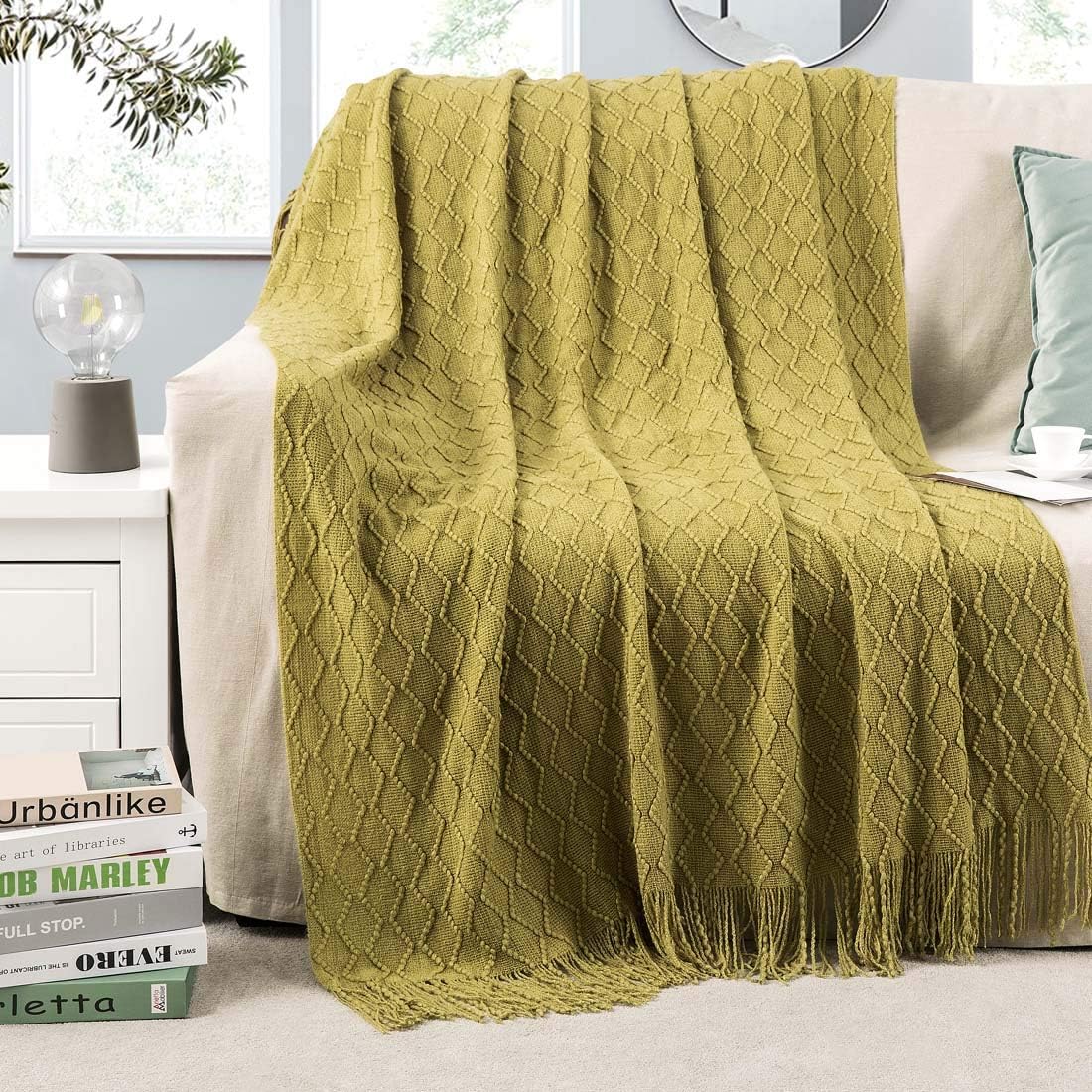 Revdomfly Olive Green Throw Blanket with Fringe Decorative