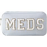 uekeboag Seersucker Chenille Letter Stuff Meds RX Makeup Bag, Travel Washable Purse Organizer with Zipper, Lightweight Toiletry Cute Personalized Preppy Cosmetic Bag For Women and Girls(03Blue Meds)