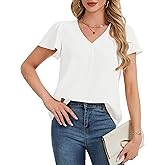 LUXEBOLD Womens Dressy Casual Tops V Neck Ruffle Short Sleeve Blouse Summer Chiffon Business Work Shirts Loose Fit S-XXL