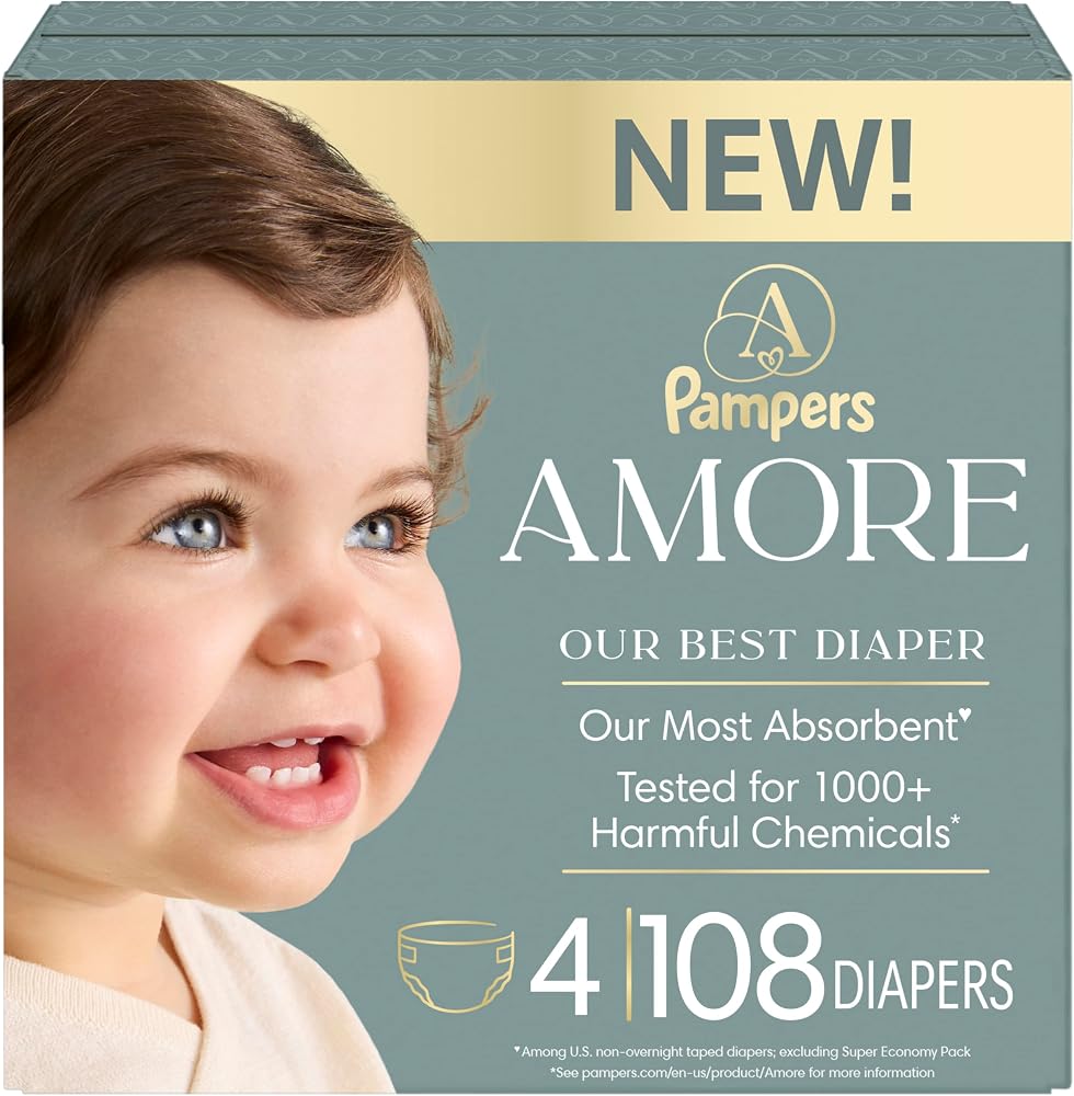 Pampers Amore, Size 4 (15-34 lbs), 108 Count, Our Best Diaper – Hypoallergenic & Fragrance Free, Up to 100% Leakproof, Soft a