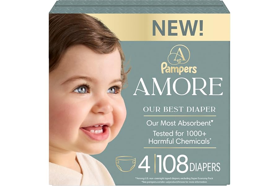 Pampers Amore, Size 4 (15-34 lbs), 108 Count, Our Best Diaper – Hypoallergenic & Fragrance Free, Up to 100% Leakproof, Soft a