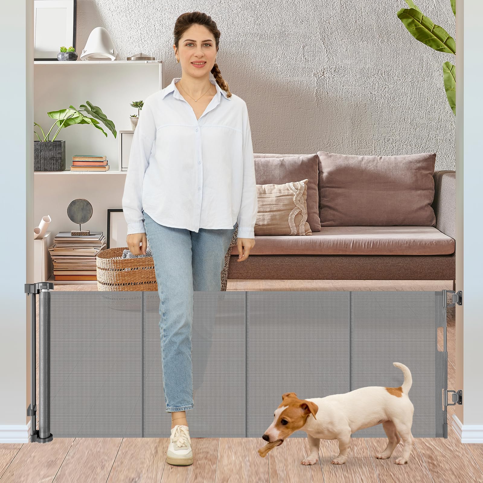 Photo 1 of 24 Inches Tall Retractable Baby gate for Dogs, Short Pet Gates to Step Over, Extends up to 55" Wide, Reinforced Mesh Doggie Gates for Indoors Outdoors Small Dog Gate for Stairs Puppy Gate (Grey)