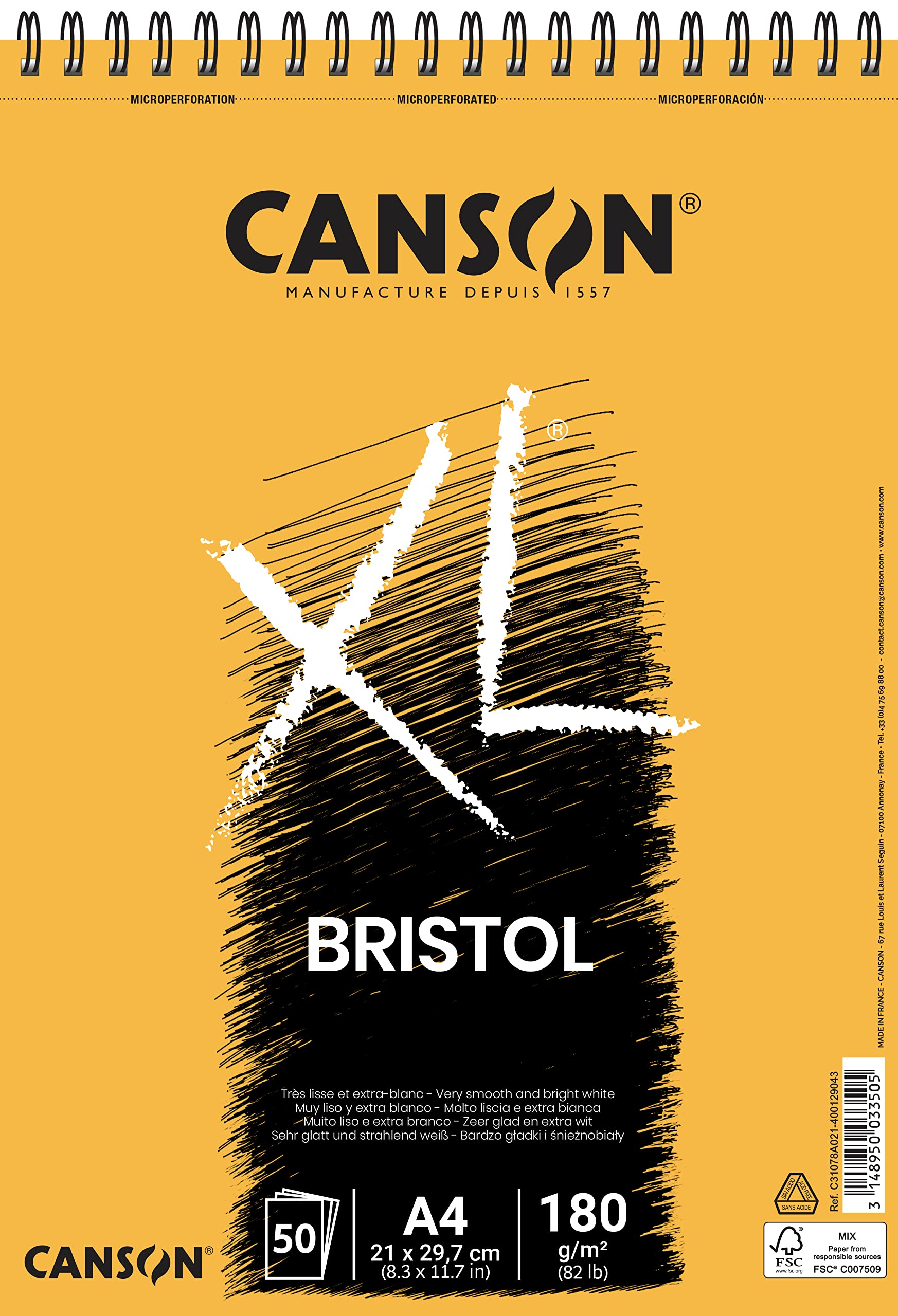 CANSON XL Bristol 180gsm A4 Paper, Very Smooth, Spiral Pad Short Side, 50 Extra White Sheets, For Professional Artists & Illustrators