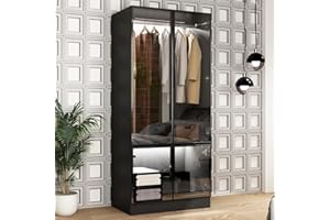 Hitow Wardrobe Cabinet with LED Light Strips, Armoire Closet with Glass Doors, Wooden Large Wardrobe with Hanging Rod, Modern Bedroom Armoire Clothes Organizer, Black 31.5" W