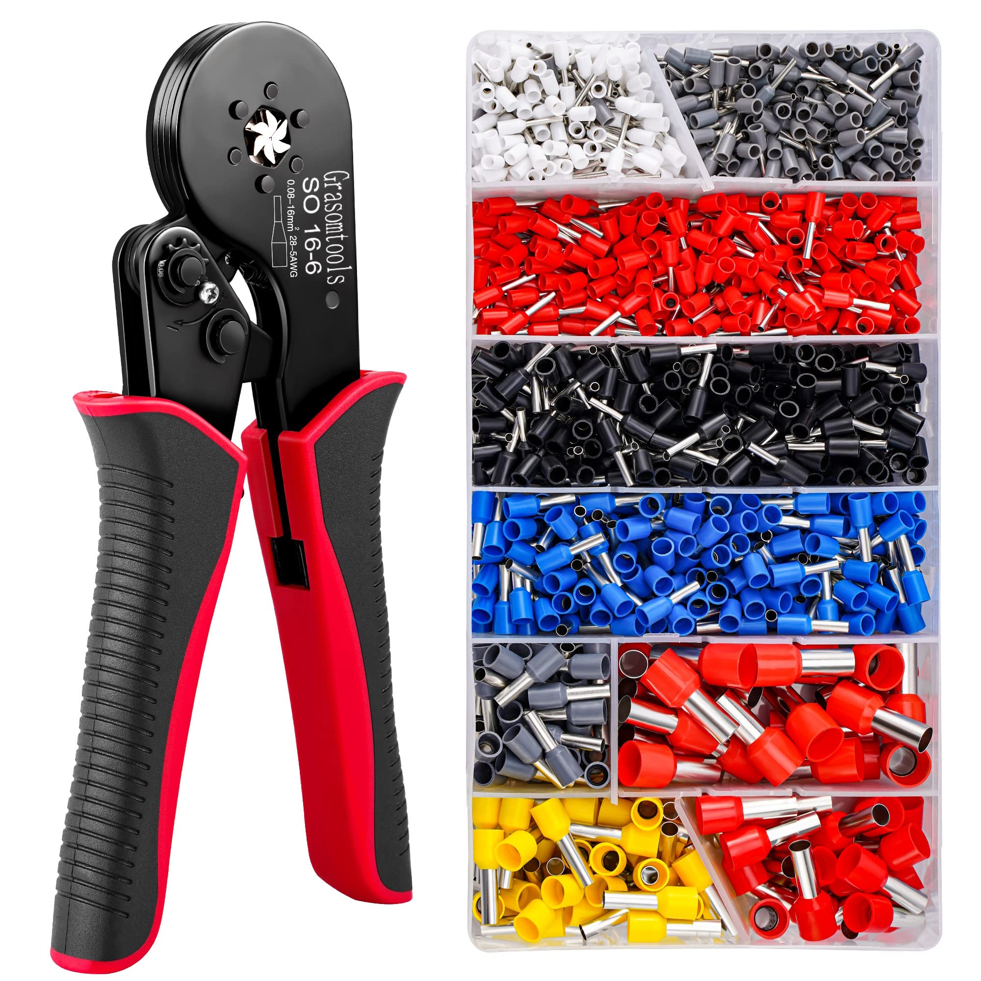 Ferrule Crimping Tool Kit, Self-Adjusting Hexagonal Wire Crimper Plier for AWG 28-5/0.08-16mm²with 1200PCS Red Copper Wire End Terminals, Ratchet Wire Crimping Tool-Wire End Ferrules