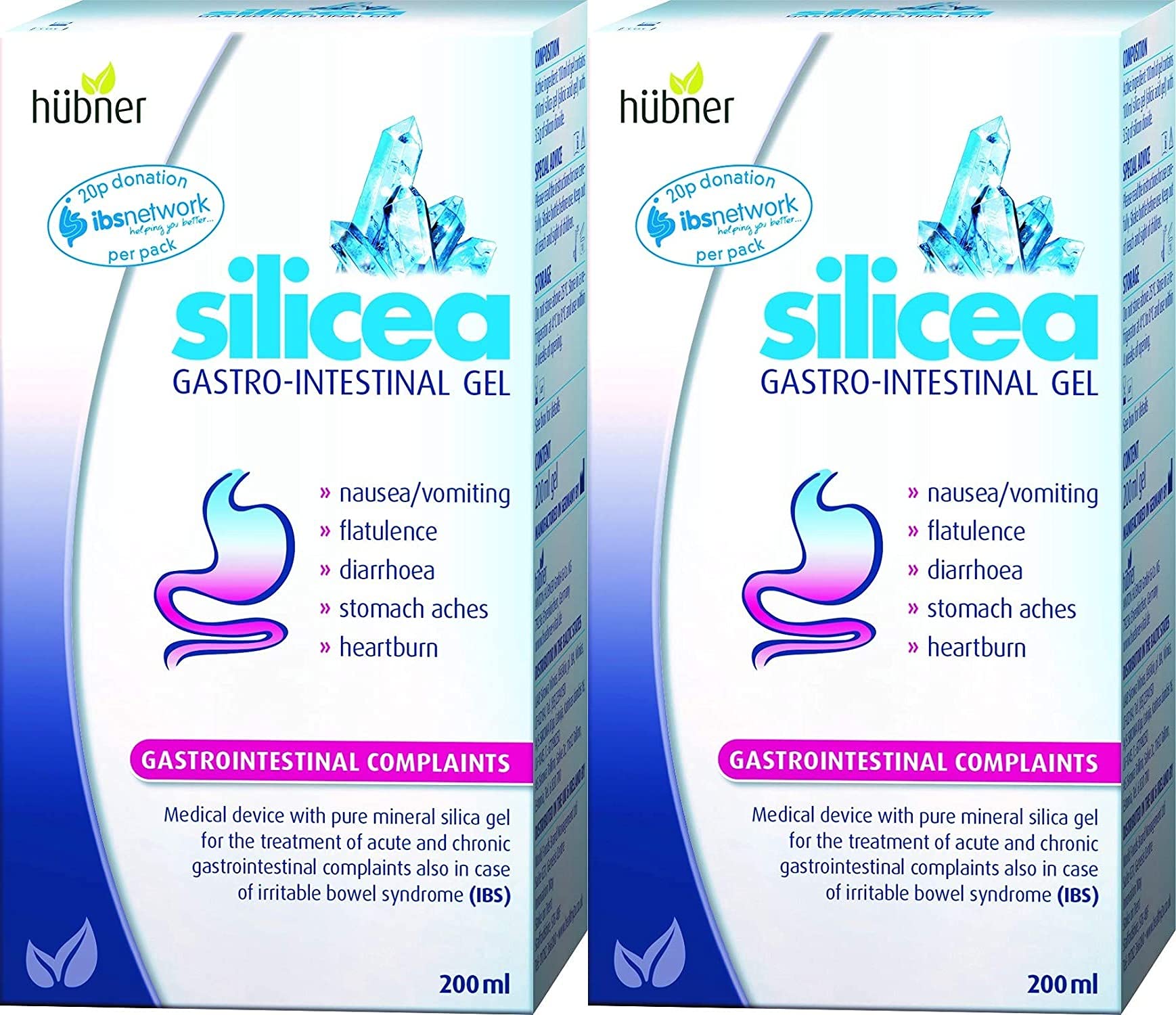 Hubner Silicea Gastrointestinal Gel Stomach ache, Flatulence, Nausea, Vomiting, Diarrhoea and Heartburn 200ml (Twin Pack)