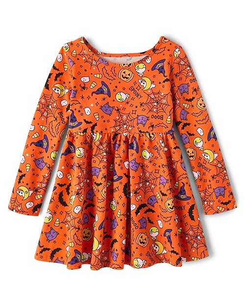 The Children's Place Baby Girls' and Toddler Long Sleeve Halloween Printed Dress, Witch Orange