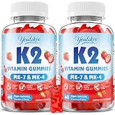 Youlikee 2 Pack Sugar-Free Vitamin K2 Gummies, Dual Formula Vitamin K2 Supplement with MK-7 &amp; MK-4, Supports Bone Health, Gluten-Free, Sugar-Free, Strawberry Flavor, 120 Gummies