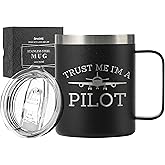 Onebttl Pilot Aviation Gifts For Men, Male, Him, 12oz Stainless Steel Coffee Mug with Lid, Airplane Gifts for Aviator as Christmas Gifts, Laser Logo, Trust Me I'm A Pilot