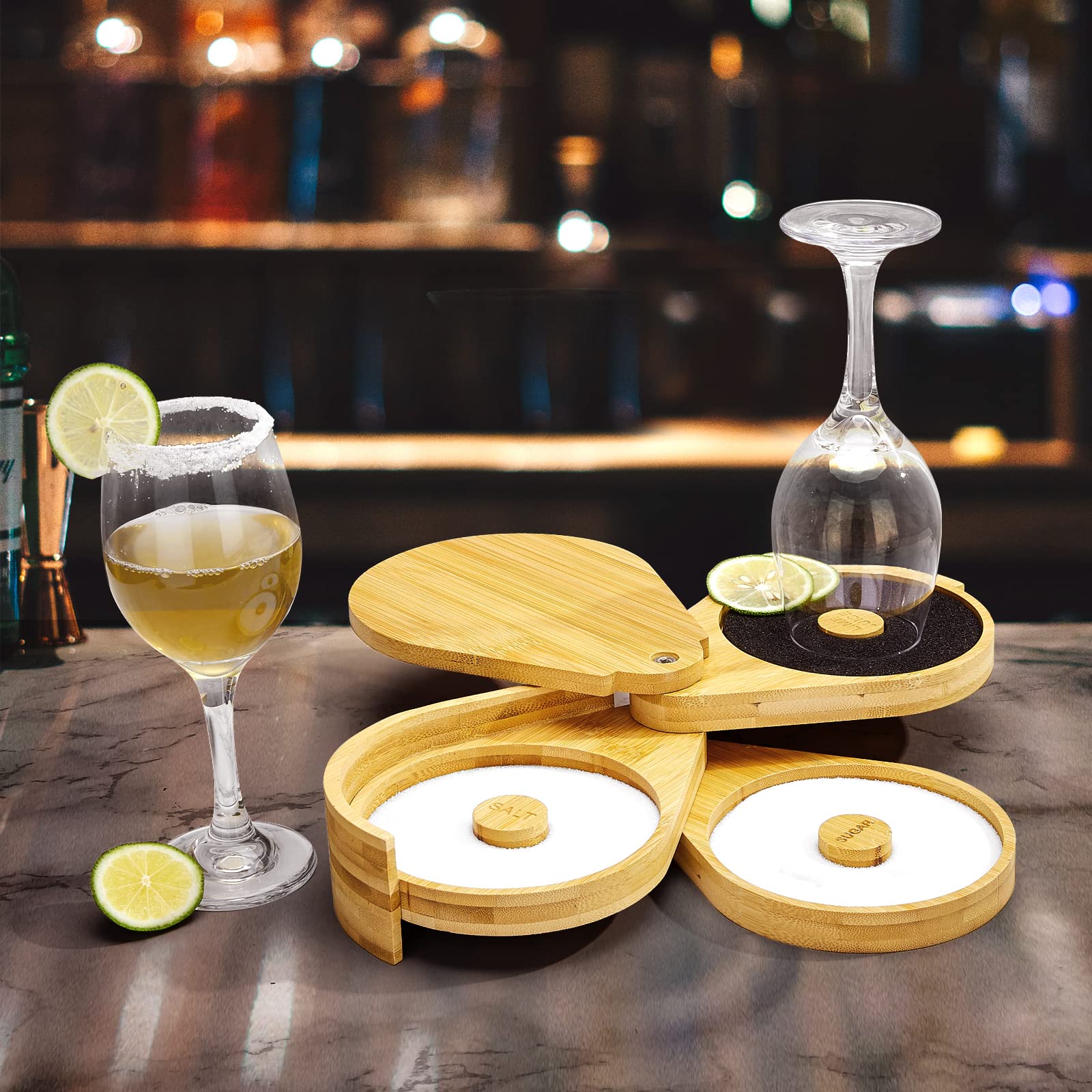Margarita Salt Rimmer Set,1 Pack 3 Tier Bar Glass Rimmer Bamboo Wood Sugar Salt Box with Sponge,Bartender Tool for Cocktail and Margarita