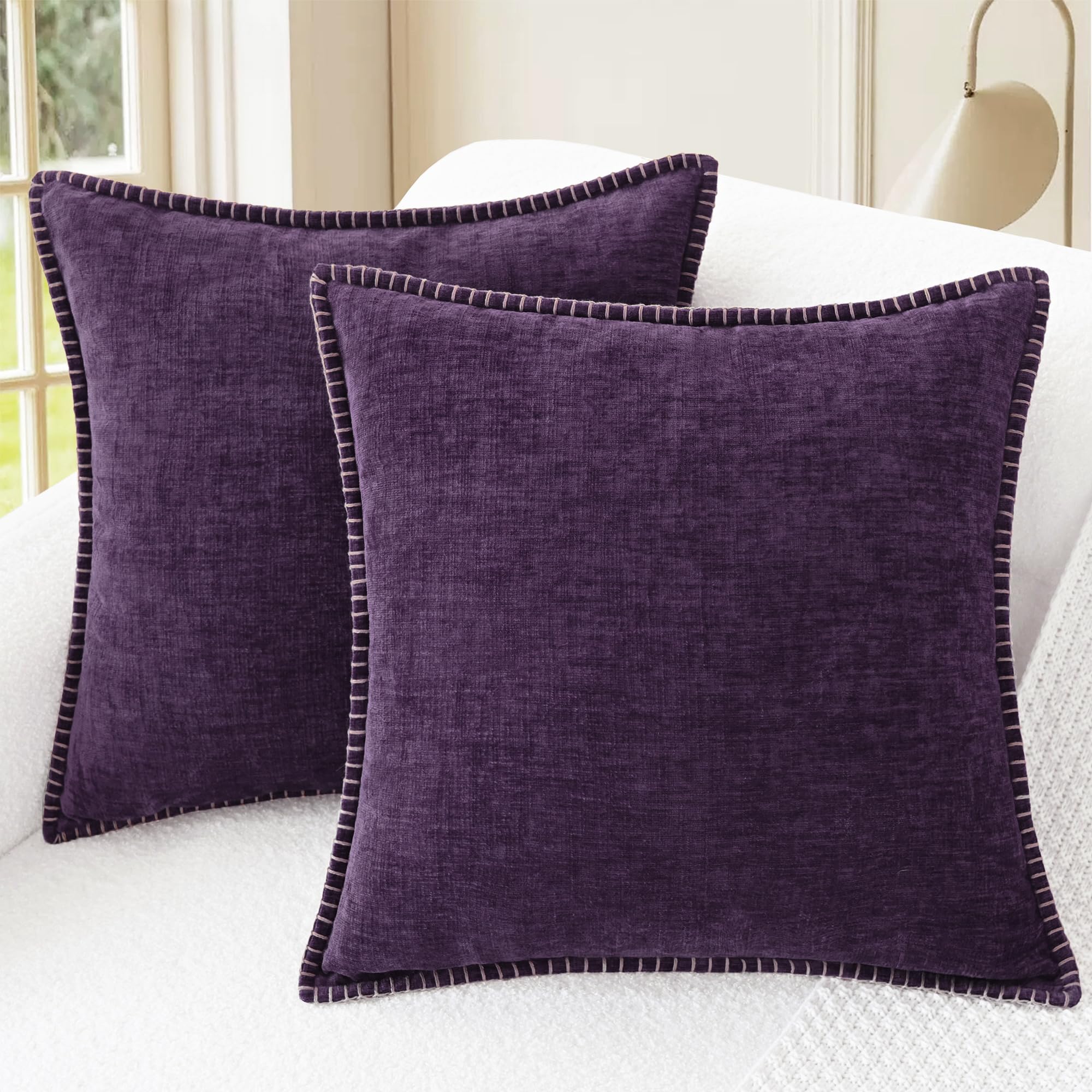 Photo 1 of CaliTime Throw Pillow Covers Decorative 18 X 18 Inches Pack of 2 Cotton Thread Stitching Edges Solid Dyed Soft Chenille Cushion Cases for Couch Sofa Bed Living Room Farmhouse Plum Purple