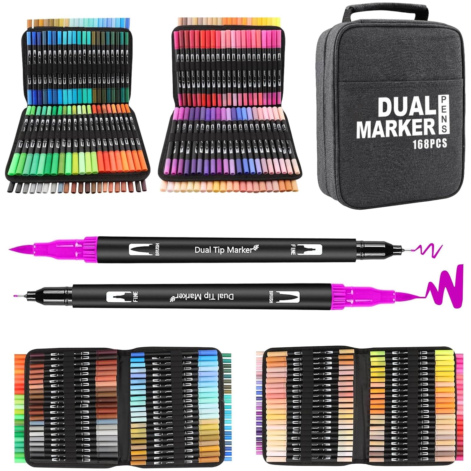 Funnasting Colouring Pens, 168 Colors Dual Tip Brush Pens Art Set for Adults for Writing, Drawing, Painting, Sketching, Calligraphy, Coloring Book, Card Making