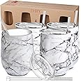 THILY Stainless Steel Stemless Wine Tumbler 4 Pack Vacuum Insulated Travel Wine Glasses Set with Sliding Lids and Straws, Keep Cold for Juice, Cocktails, Beer, Party, Christmas Gift, White Marble