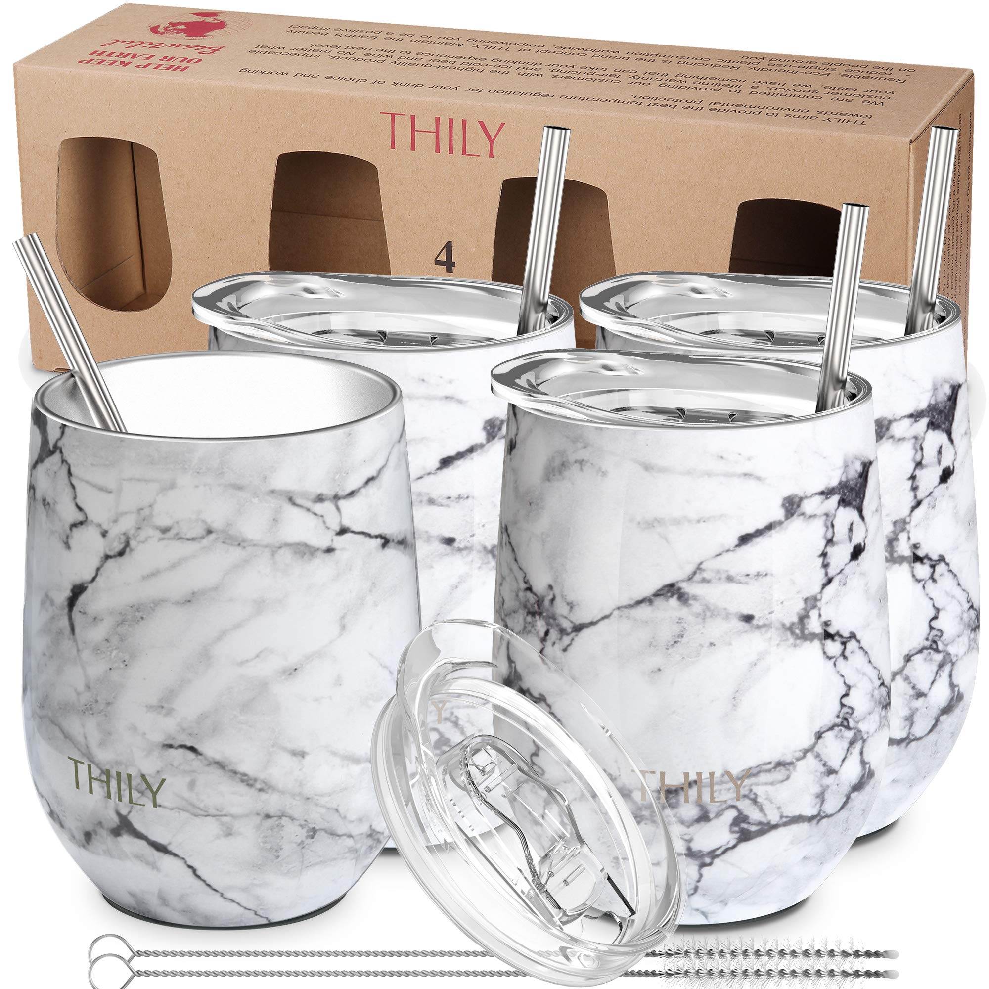 THILY Stainless Steel Stemless Wine Tumbler 4 Pack Vacuum Insulated Travel Wine Glasses Set with Sliding Lids and Straws, 350 ml, Keep Cold for Juice, Coffee, Beer, White Marble