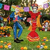 SiliFine 2 Pcs Dia De Los Muertos Yard Signs Sugar Skull Outdoor Decoration | Metal Day of The Dead Yard Stakes Dia De Los Muertos Halloween Outside Couple Skeleton Decor Mexican Fiesta Party Lawn Garden