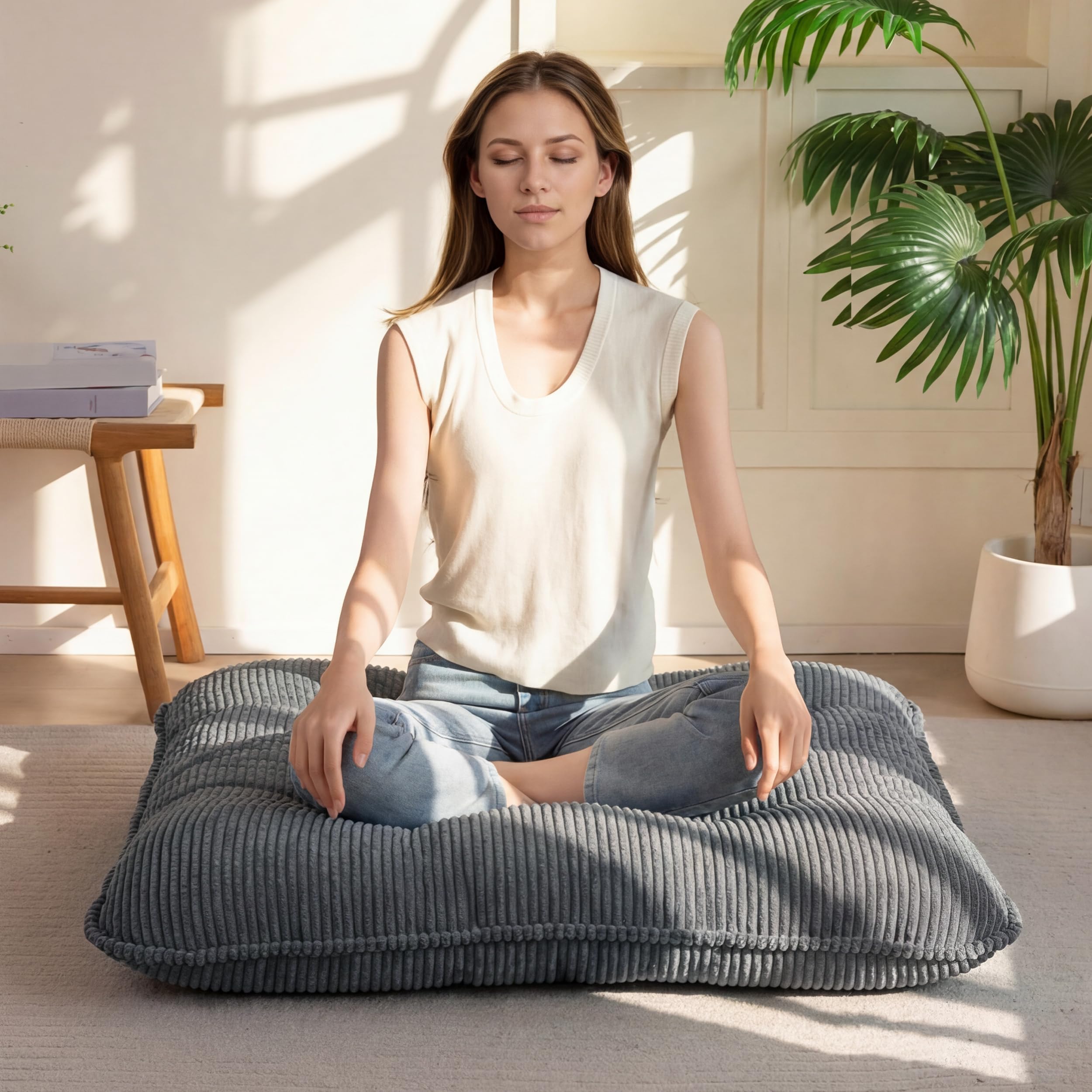 Photo 1 of 35" Washable Floor Pillow Cushion for Adults, Meditation Cushion Pillow, Extra Large Square Floor Sitting, Removable Tufted Corduroy Cover, for Tatami Living Room or Yoga, Dark Grey, Machine Washable