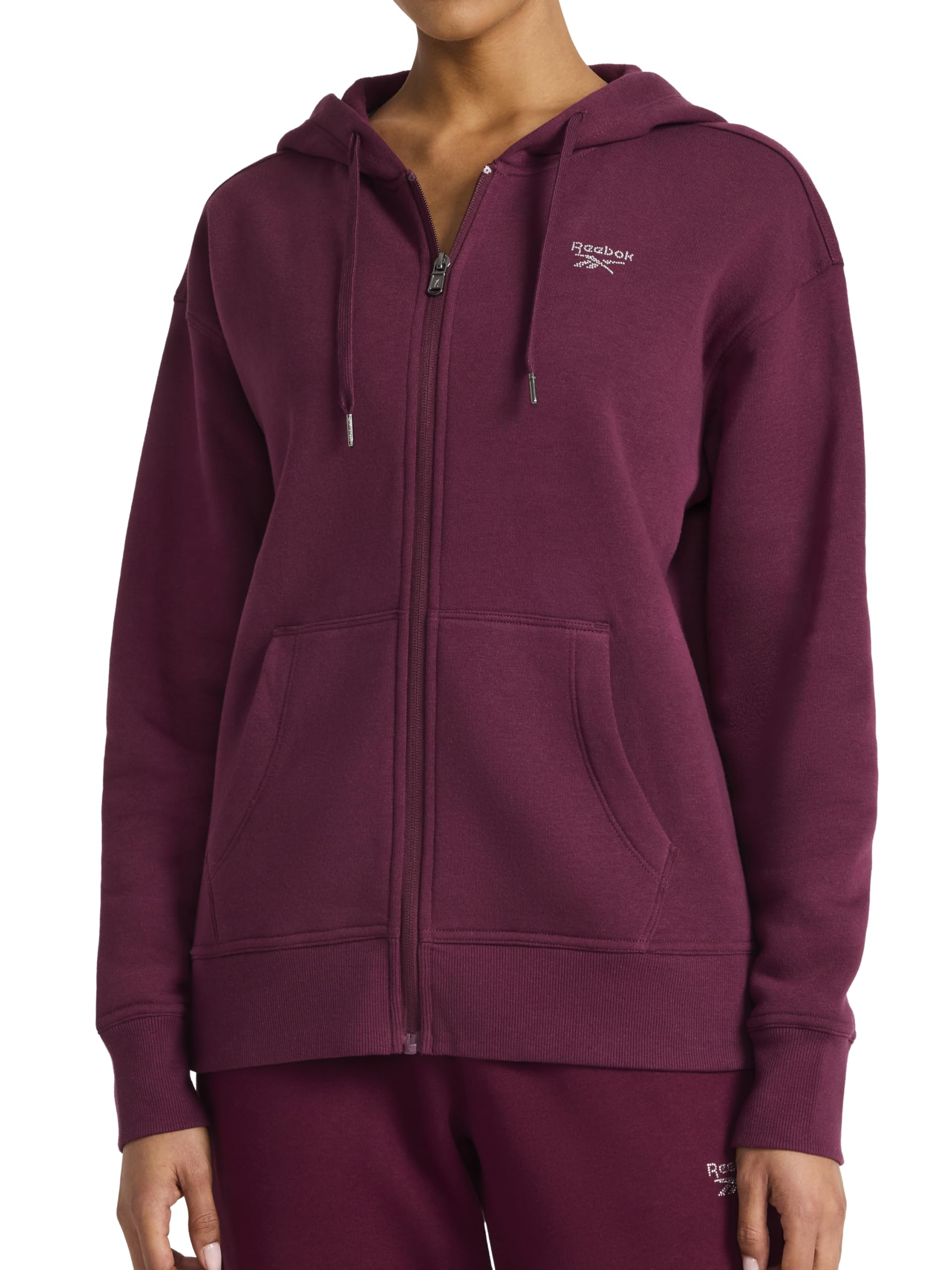 Reebok Women’s Rhinestone Full-Zip Hoodie, Standard Fit, Midweight Cotton-Poly Fabric, Black Cherry, Medium