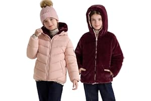 maoo garden Girls Winter Reversible Puffer Jacket Kids Heavyweight Faux-Down Fuzzy Fleece Lined Water-Resistant Coat