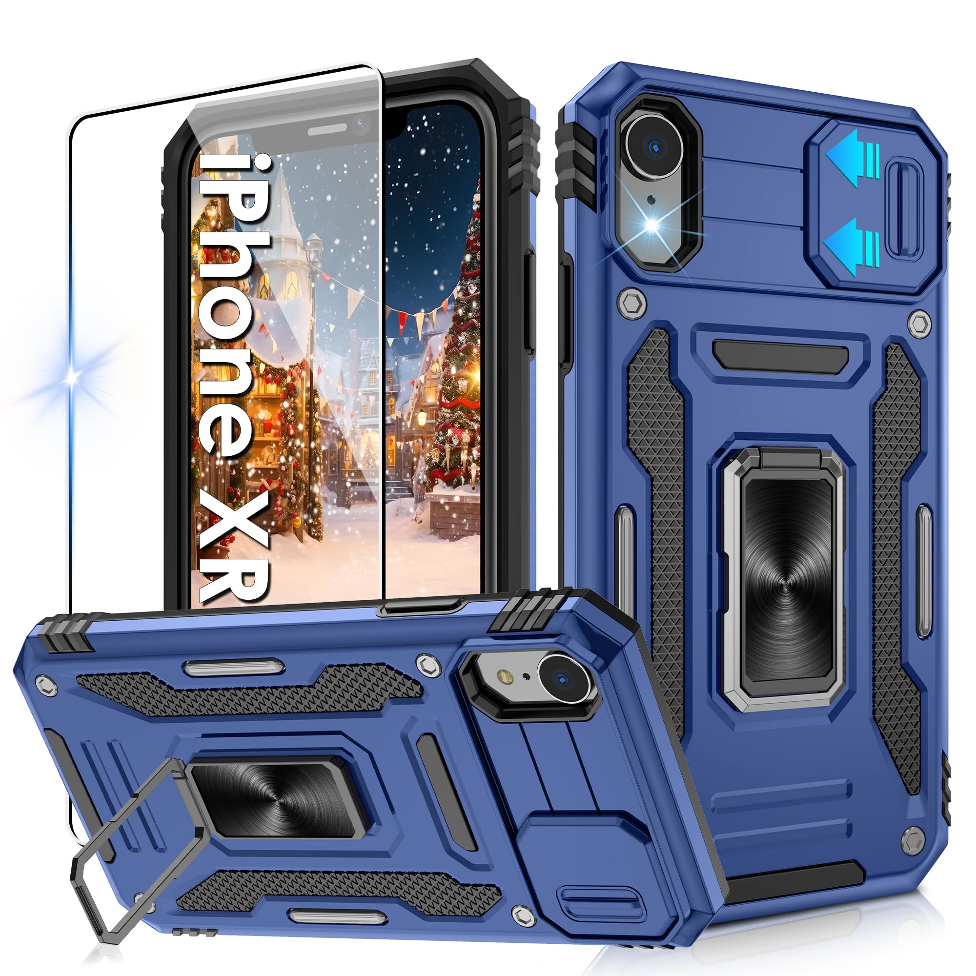Jshru iPhone XR Case with Screen Protector and Slide Camera Cover [Upgrade], Military Grade Shockproof Phone Case with Ring Kickstand, Anti-Scratch Armour Phone Cover, Blue — image 1