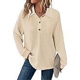 Balivsa Womens Tops Waffle Knit V-Neck Long Sleeve T-shirts Button Down with Pockets Tunic Fashion Clothing
